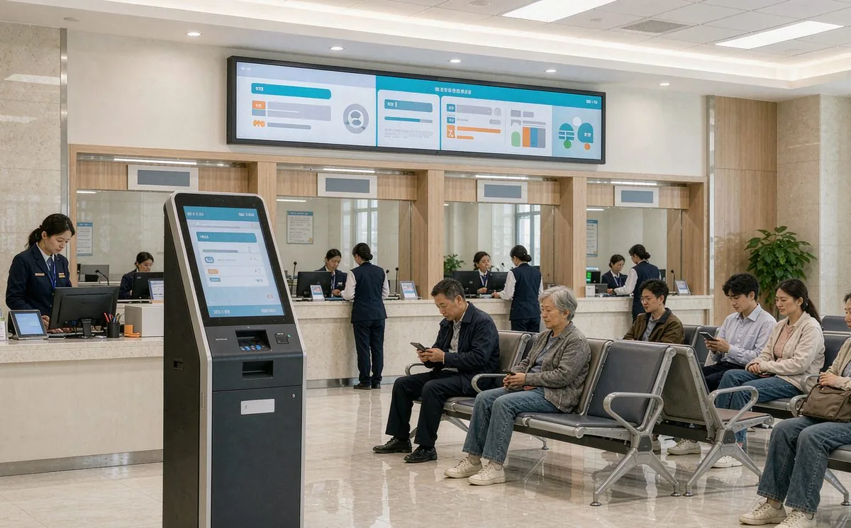 中国服务大厅工作人员使用叫号系统引导排队