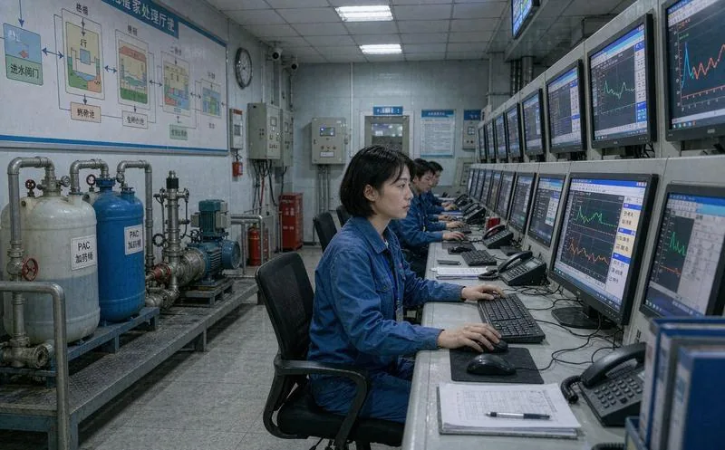 中国污水处理站操作员在中控室查看曝气与加药曲线并核对药剂台账