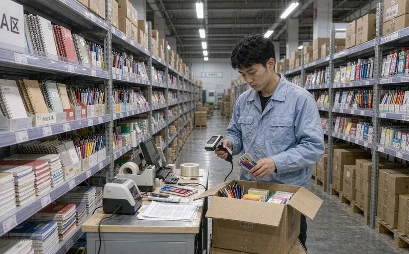中国文具批发仓库拣货员在货架间按订单把小件文具装箱并扫码复核