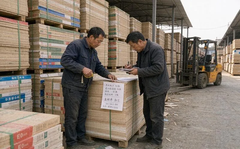 中国木材板材堆场销售员在板材垛前用卷尺量等级并向客户核对出材率