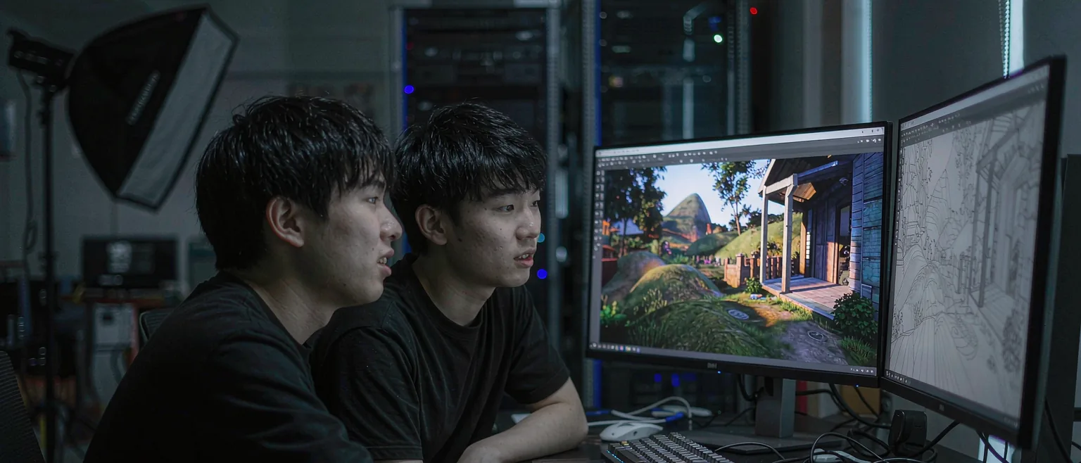中国数字内容创作团队在工作室多屏前对比实时生成画面与线框预览