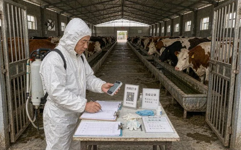 中国畜牧防疫员背负喷雾器在牲舍门口登记免疫台账并扫码打卡