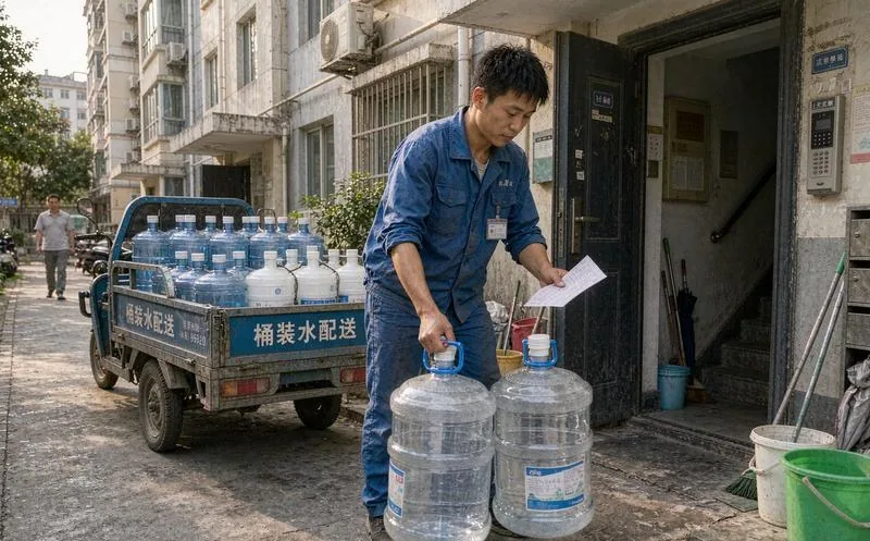 中国送水工骑三轮送水车停在居民楼下把桶装水搬进户并手持签收单