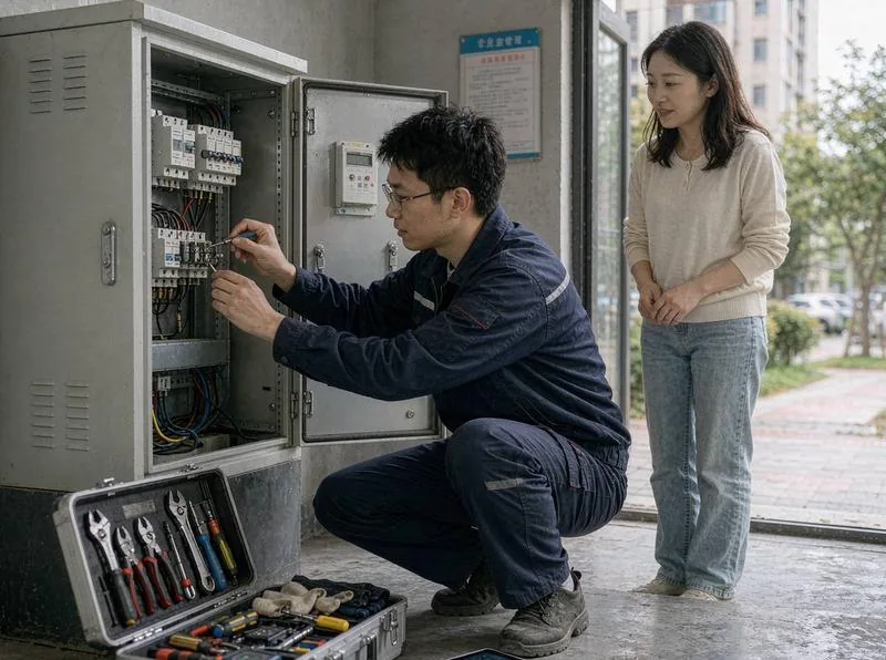 中国售后工程师在客户现场用手机处理维修工单