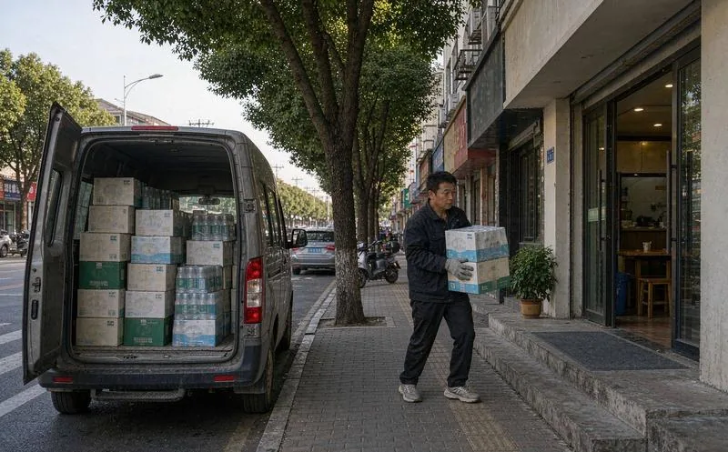 街边烟酒超市门口,一名穿 Polo 衫工服的中国业务员正把成箱饮料搬进店内,店主在旁核对送货单,货架上摆满各类酒水饮料,收银台与冰柜在背景虚化,晨光斜照,画面有生活气息与景深。