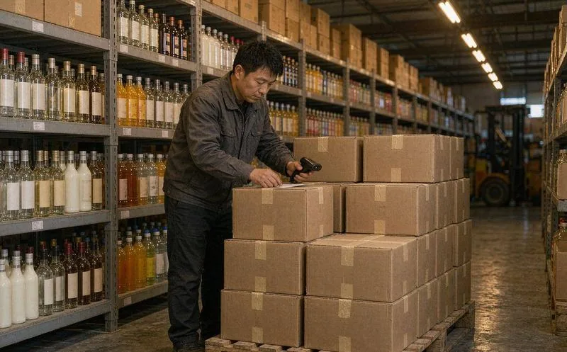 中国饮品生产经营场景中,工作人员在明亮作业区处理多批次饮品与订单,成品码放整齐,一线作业实景,写实摄影