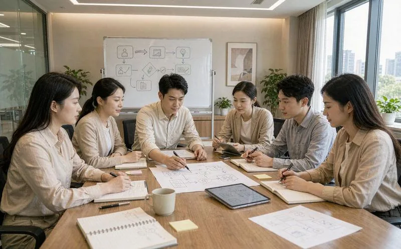 中国公司会议室内六名职场人员围坐长桌,背景白板画着流程图,桌面铺满审批流程草图,写实商务摄影