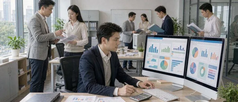 中国开放式办公室内,一名穿职业装的员工坐在双联大屏前查看图表并用计算器核算,桌面打印报表摊开,旁边同事交流单据,资金计划分析实景,写实摄影