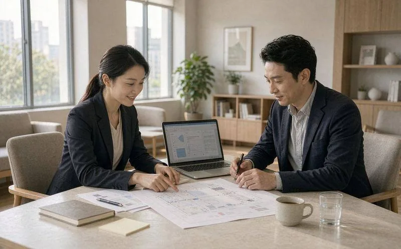 中国会议室内,两名穿职业装的预算人员边看笔记本电脑上的图表边核对桌面铺开的大幅打印报表,窗光明亮背景有绿植书架,预算评审实景,写实摄影