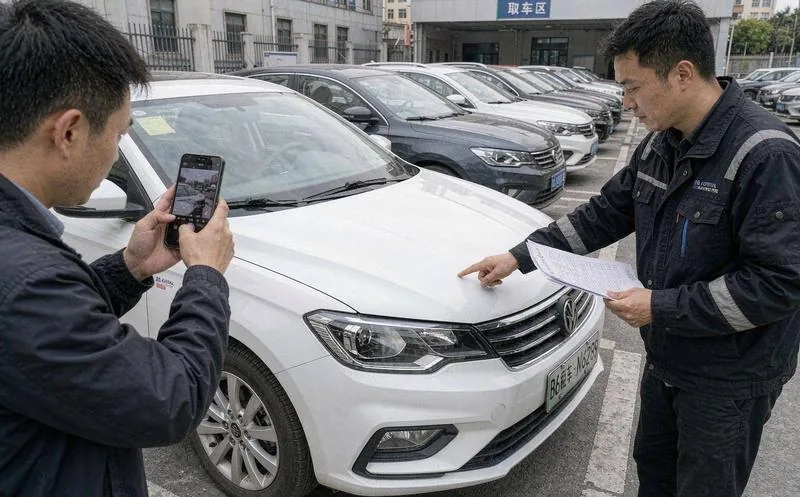中国某租车门店外,一名工作人员正与取车客户共同核对车辆外观并拍照验车,背景停着数辆待租轿车