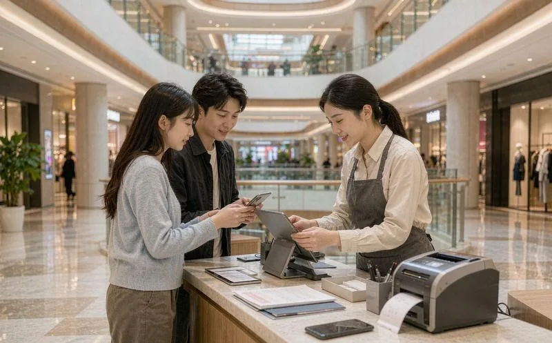 中国商场中庭服务台前,店员手持平板为两位年轻顾客扫码办理会员,桌面摆放打印机与票据,写实摄影