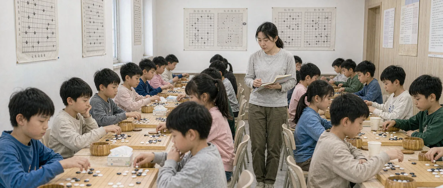 中国棋类培训机构里,教练与小学员在对局桌前复盘棋谱,背景是贴着课程表的墙面与棋具架