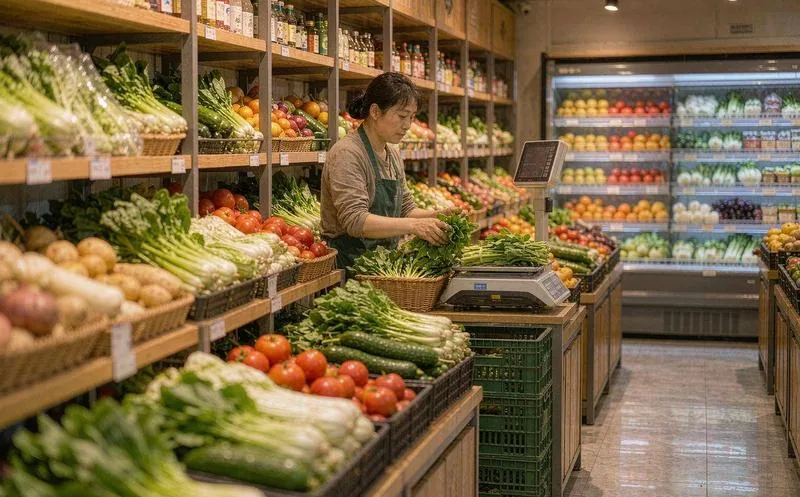 中国连锁便利店内,一名系围裙的店员在冷藏玻璃展示柜前整理鲜食并手持扫码枪,收银台旁有顾客,灯光明亮整洁,写实摄影