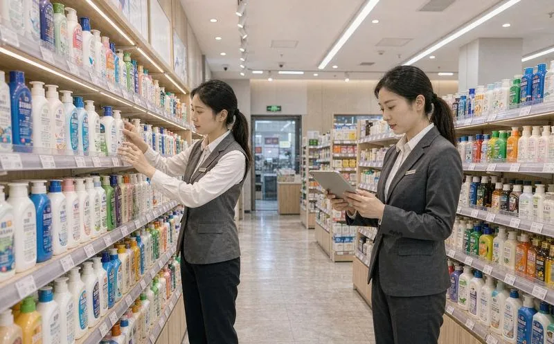 中国超市日化品货架前,两名穿制服的女员工一人手持平板电脑记录、一人整理货架商品,灯光明亮,写实摄影