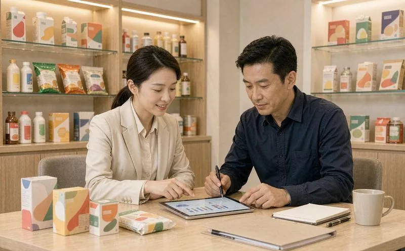 中国办公室内一男一女职场人员共同查看平板电脑上的图表,背景货架陈列食品饮品包装盒,桌面摆放样品盒,写实摄影