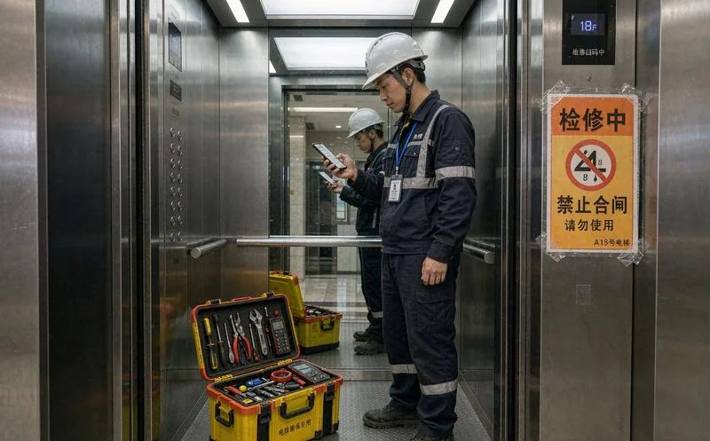 住宅小区地下车库电梯厅前,两名穿橙色反光工作服的中国男性电梯救援人员一人持对讲机通话一人正用三角钥匙操作电梯层门,旁边停放着装有工具包的黑色工具箱,车库灯光昏暗,远处有车辆轮廓,地面有倒影