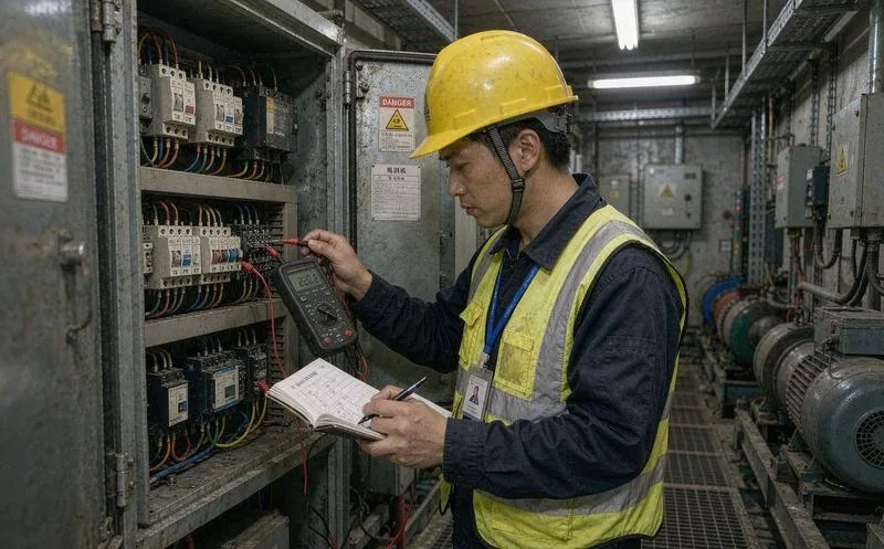 电梯顶层机房内一名穿浅灰色连体工装的中国男性维保技师手持记录板核对控制柜参数,旁边是曳引机和钢缆,机房墙面有设备铭牌和检验合格标志,日光灯照明偏暖,地面有工具箱和反光,景深中可见通往轿厢的门