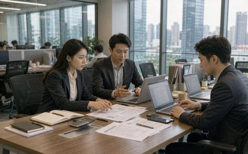 中国制造业企业的会议室里,几位管理人员围坐在会议桌前查看业务数据看板,背景是整洁的工位与绿植