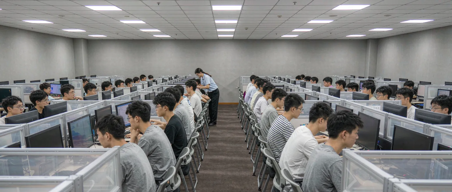 中国考生在考场用电脑参加企业在线考试,监考老师在后台查看防作弊监控
