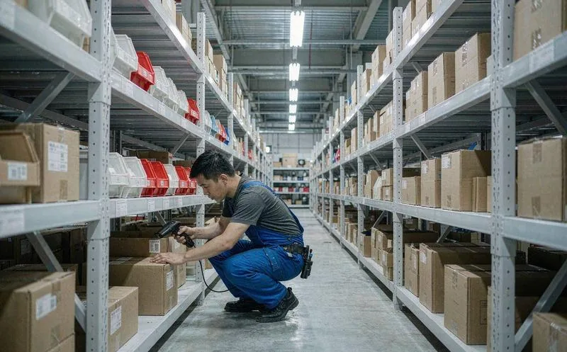 中国企业的行政人员用手机扫描办公设备的资产条码标签