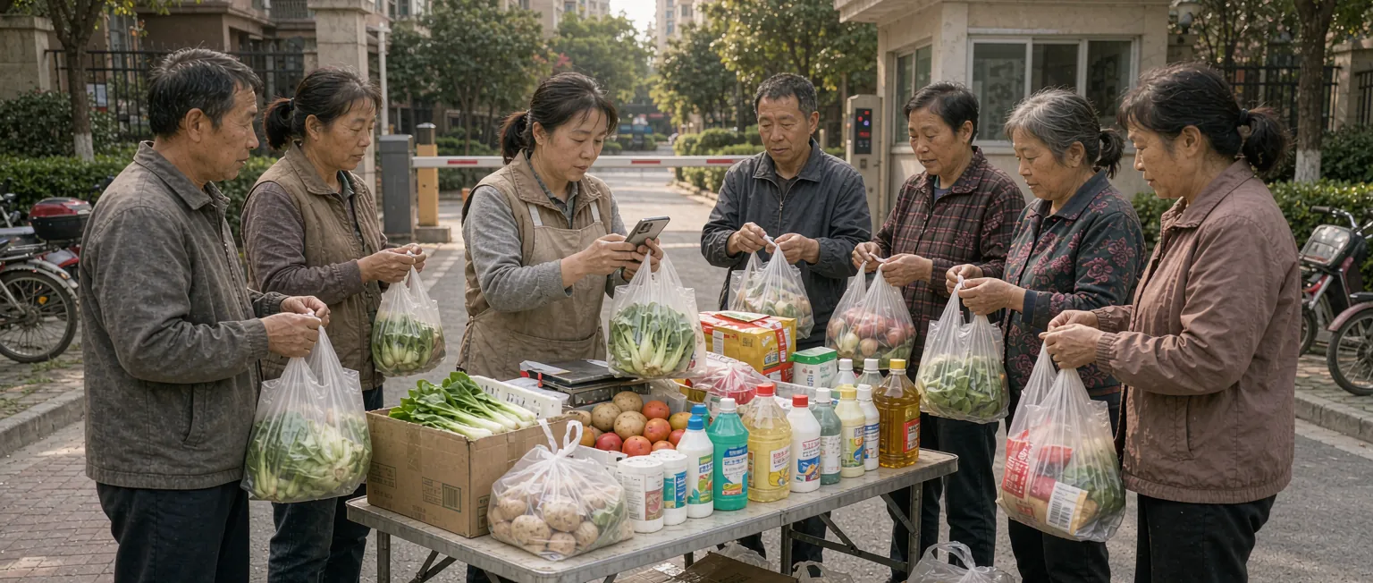 中国社区团购团长在手机与电脑前核对集单与佣金结算数据