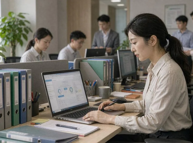 中国企业的HR在电脑前处理员工入职与薪酬核算流程