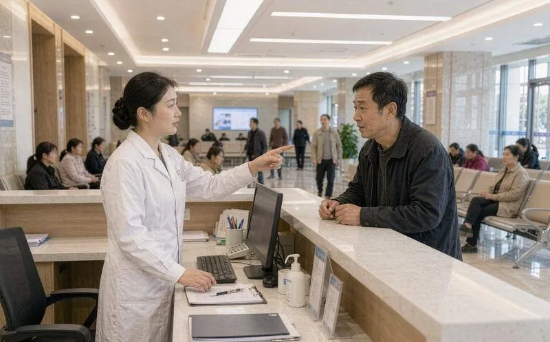 民营医院门诊药房内景,一名穿白大褂、戴蓝色口罩和一次性手套的药剂师站在发药台前,正核对电子处方并分拣药品,身后的金属货架按剂型分层摆放药盒,冷白灯光下环境整洁明亮,台面上摆着配好的药袋与扫码枪,景深自然真实。