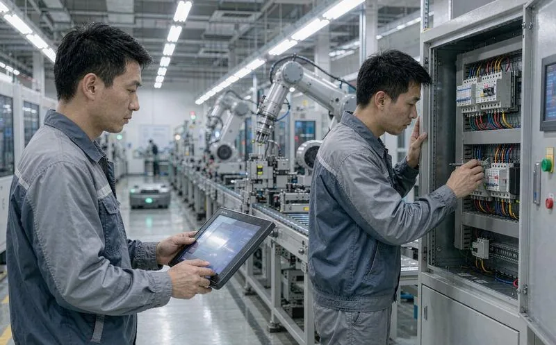 中国自动化车间内一名员工手持工业平板查看设备数据,另一名员工检查电气柜接线,背景机械臂与AGV小车,写实摄影