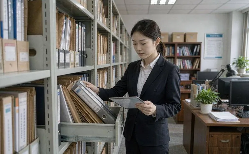 中国知识产权代理公司办公区内,两名穿职业装的中文办案人员翻阅案卷并在墙面进度看板前核对案件节点,自然光专业办公氛围,一线办公实景