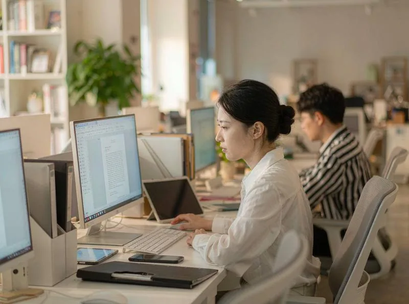 中国企业的员工在电脑前整理和检索公司内部知识文档
