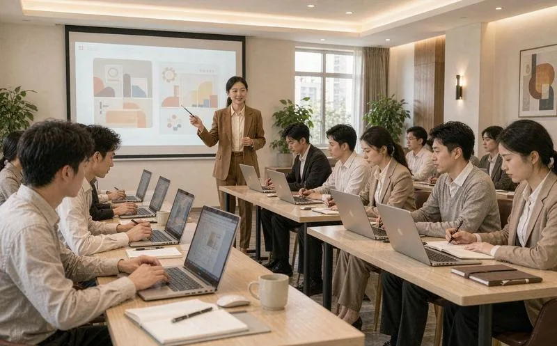 中国培训教室内讲师站在投影幕前授课,多名穿正装的学员使用笔记本电脑听讲记录,环境明亮,写实摄影