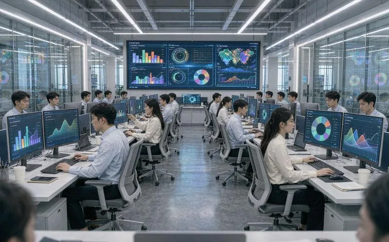 中国现代数据办公区内多排员工在电脑前处理数据,墙上大屏展示数据可视化图表,环境明亮有序,写实摄影