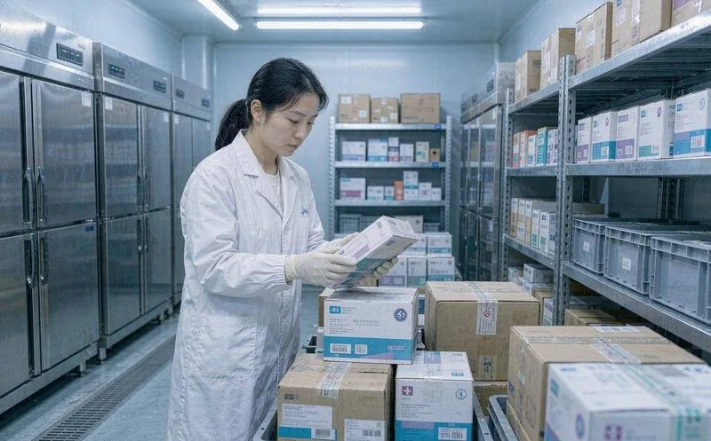一处医疗器械冷库内部,穿深色工作服和保暖外套的男性仓管员戴着口罩,手持记录板核对货架上贴有条码标签的恒温耗材箱,头顶制冷管道和温湿度探头清晰可见,冷光从金属货架间反射出来,景深延伸到库房尽头的密封门。