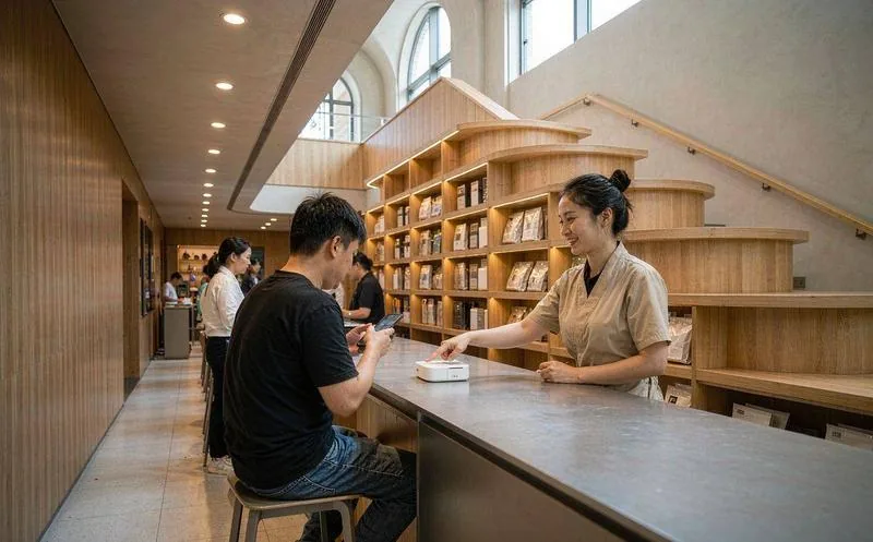 中国连锁门店会员区,一名店员用平板为到店会员查询等级与权益,背景是品牌陈列