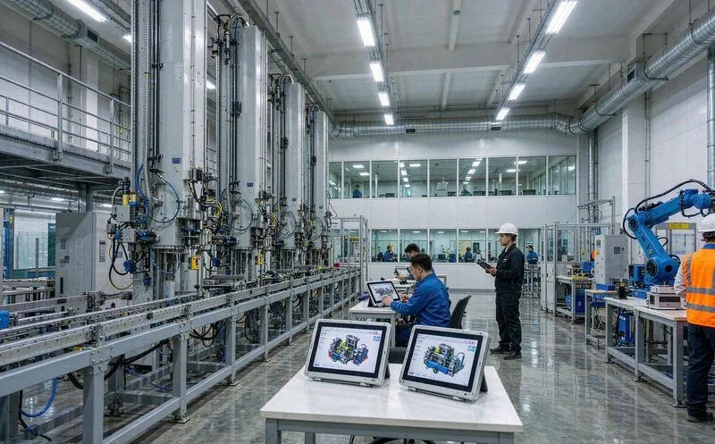 中国工厂的班组长在车间看板前查看生产进度与设备状态