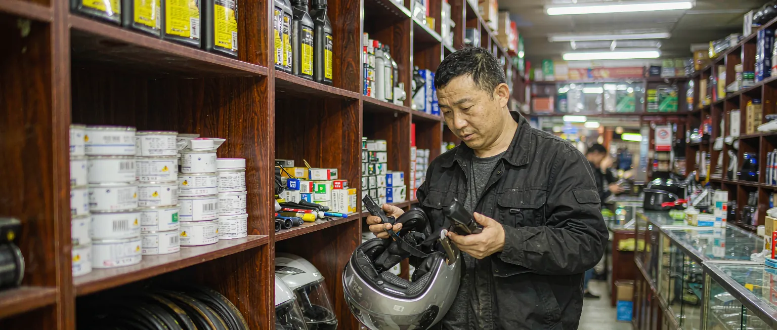 中国摩托车销售维修门店里,技师正对照工单检修车辆,背景是整车陈列与配件货架