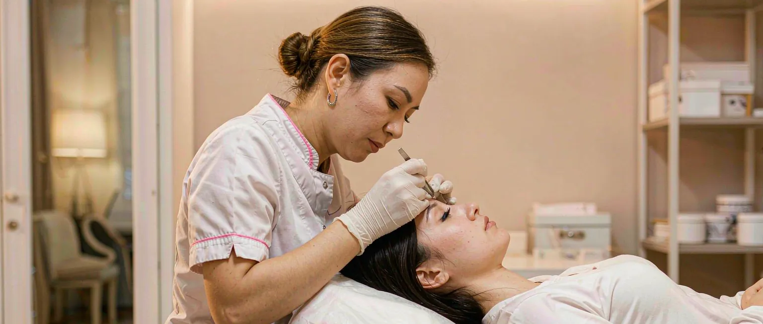 中国美甲美睫门店里,客人正对照款式册与技师确认造型,背景是整齐的甲油胶展示架与消毒台