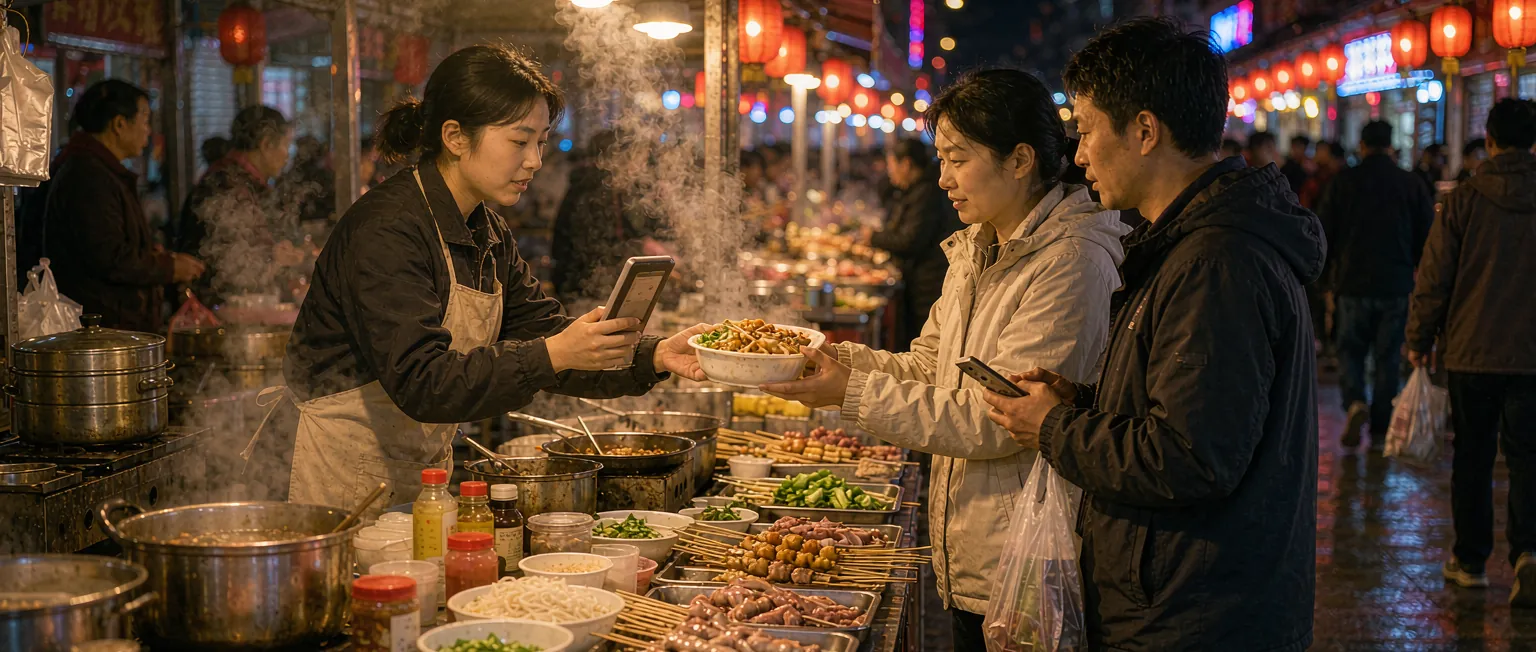 中国夜市街区里,管理人员与摊主在摊位前核对经营与收费信息,背景是成排灯光摊位与往来客流