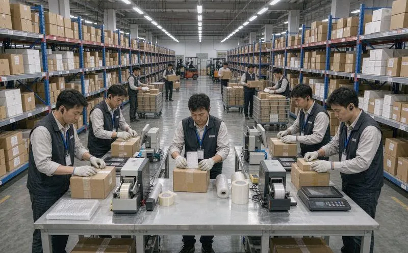 中国电商仓库打包区内多名员工在打包台用打单机封箱贴单,身后货架堆满纸箱与包裹,井然有序,写实摄影
