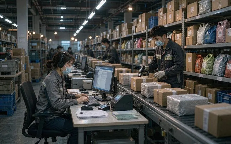 中国电商企业的仓储办公区,一名运营人员正使用系统核对多平台订单与发货状态,背景是成摞的快递面单与货架