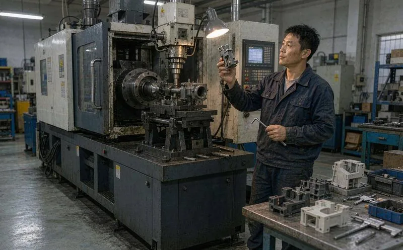 中国车间注塑机前,一名穿深色工装的技师举起一件机加工零件对着灯光检查,另一手持扳手,工作台摆放成品件与量具,一线车间实景,写实摄影