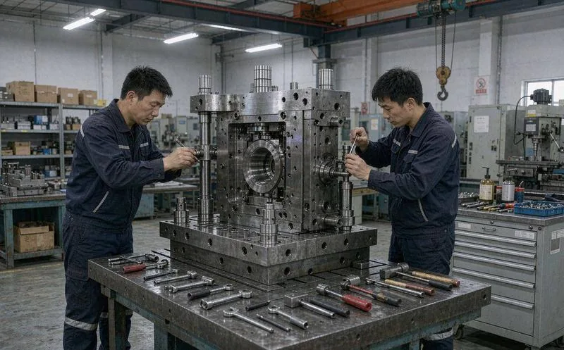 中国模具车间内,两名穿深色工装的技师在工作台上装配调试一副大型模具,台面整齐摆放各类工具,背景机床与零件架,模具钳工实景,写实摄影