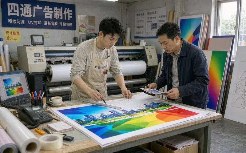 中国某图文快印店里,一名店员在电脑前核对印刷稿件,身后是待交付的成品与裁剪设备