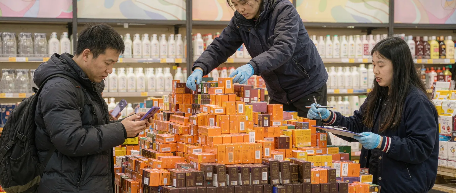 中国某连锁门店里,一名店长正用手机拍摄促销陈列并向系统上传取证照片,货架上挂着醒目的活动价签