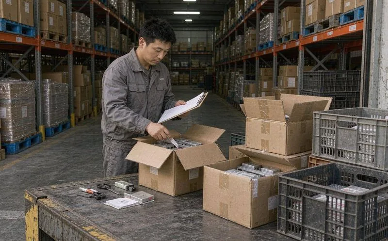 中国工厂质检台前,一名中文质检员对照批次记录核对制品质量,检测单据清晰,工业照明,一线质检实景,写实摄影