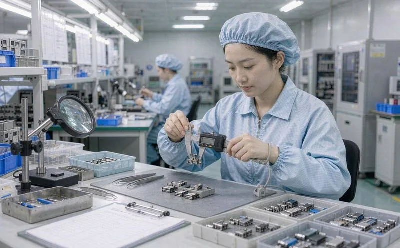 制造企业来料质检区,一名穿深蓝工装、戴防护手套和量具的质检员俯身在工作台上,用卡尺和高度规测量刚送来的金属零件,身旁是贴着待检标识的来料周转箱,台面上摆着检验记录单与台灯,背景为整齐的货架与来料待验区划线,画面有景深、真实具体。