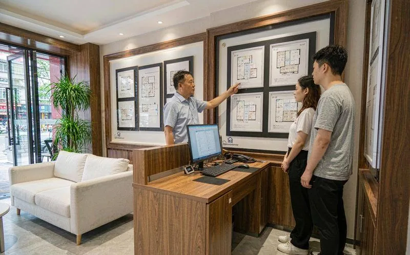 中国房产中介的门店里,一位经纪人正使用电脑核对房源信息,背景是墙面上的楼盘展板与洽谈区