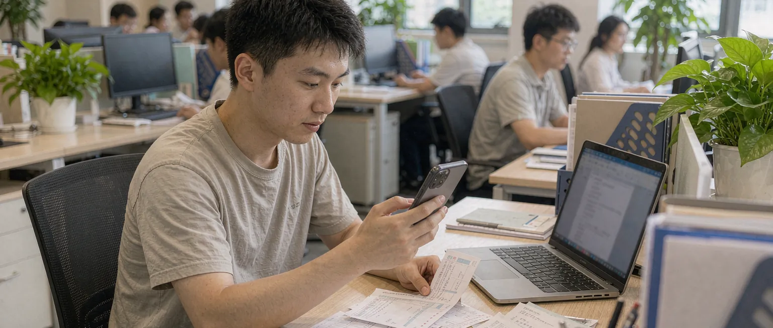 中国公司财务在电脑前查看员工线上报销单与票据校验结果