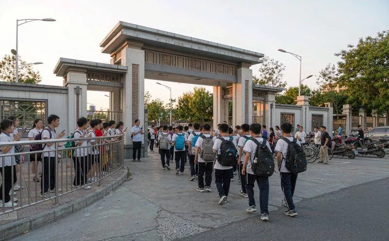 中国学校收费服务台前,一名中文工作人员协助家长用手机办理缴费,背景有清晰公示栏,明亮整洁环境,一线服务实景,写实摄影