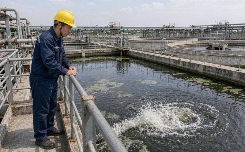清晨的污水处理厂厂区,一位穿深蓝工装、戴安全帽和橡胶手套的中年男性运维人员手持记录板,站在曝气池旁的钢制走道上查看水面翻涌的气泡,身后是药剂投加罐和缠绕的管线,金属栏杆与池壁带着水汽,景深延伸到远处的二沉池和灰白天空。